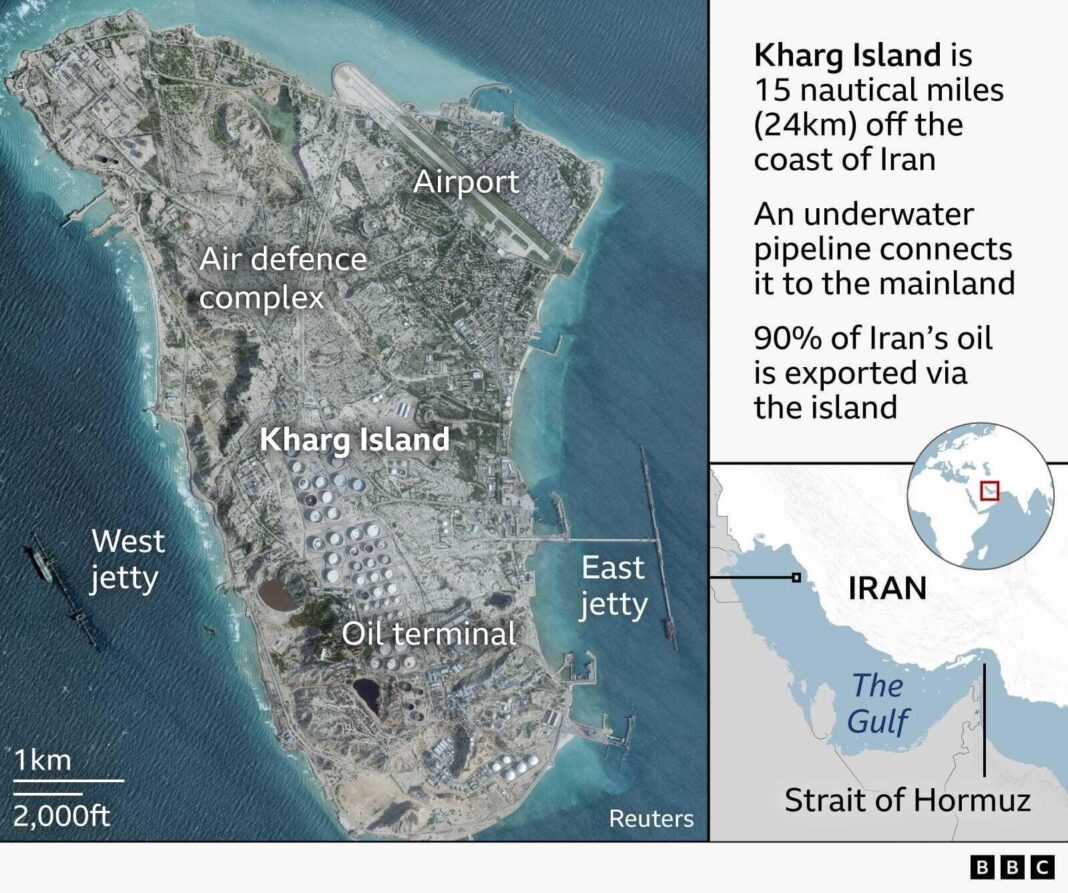 US strikes Iranian oil tankers as Tehran targets American base in Jordan A graphic showing the location of Kharg Island in the northwest of The Gulf about 25 kilometres off the coast of Iran. A satellite image shows the wholkhe island which is roughly eight kilometres long and four kilometres wide. Shadows indicate that the island has many rocky outcrops but the island has been heavily industrialised. There is an airport in the northeast that extends slightly into the sea and around it appears to be the main accommodation on the island. The oil terminal takes up most of the southern half of the island where more than fifty large, white circular structures are clearly visible. These are the oil containers and they are surrounded by other smaller industrial buildings. The south of the island is flanked by two jetties for oil tankers to dock when loading. In the middle of the island an area is labelled as being an air defence complex. Image credit: Reuters, Google.