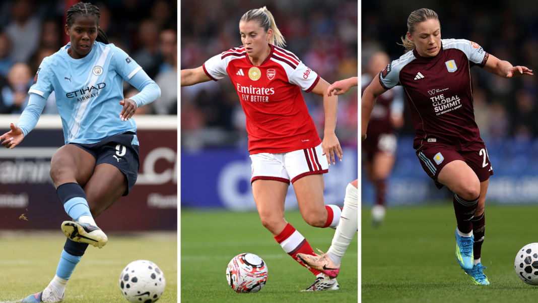 Split screen image of Khadija 'Bunny' Shaw, Alessia Russo and Kirsty Hanson