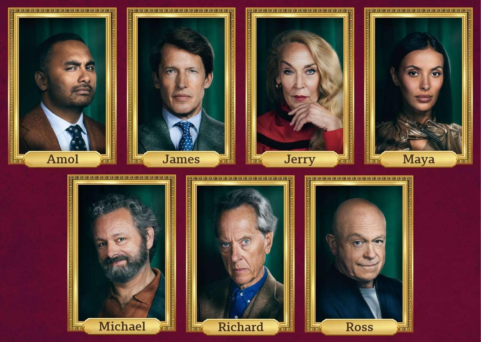 From left to right, portraits similar in style to those used in the Traitors programme of: Amol, James, Jerry, Maya, Michael, Richard and Ross