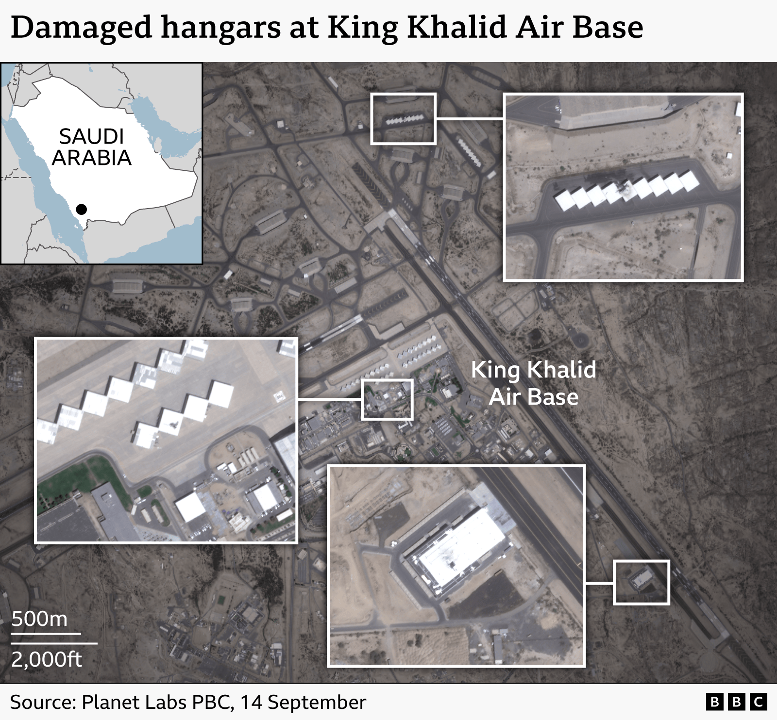 A satellite image of King Khalid Air Base highlighting three damaged hangars. Source: Planet Labs PBC, 14 September