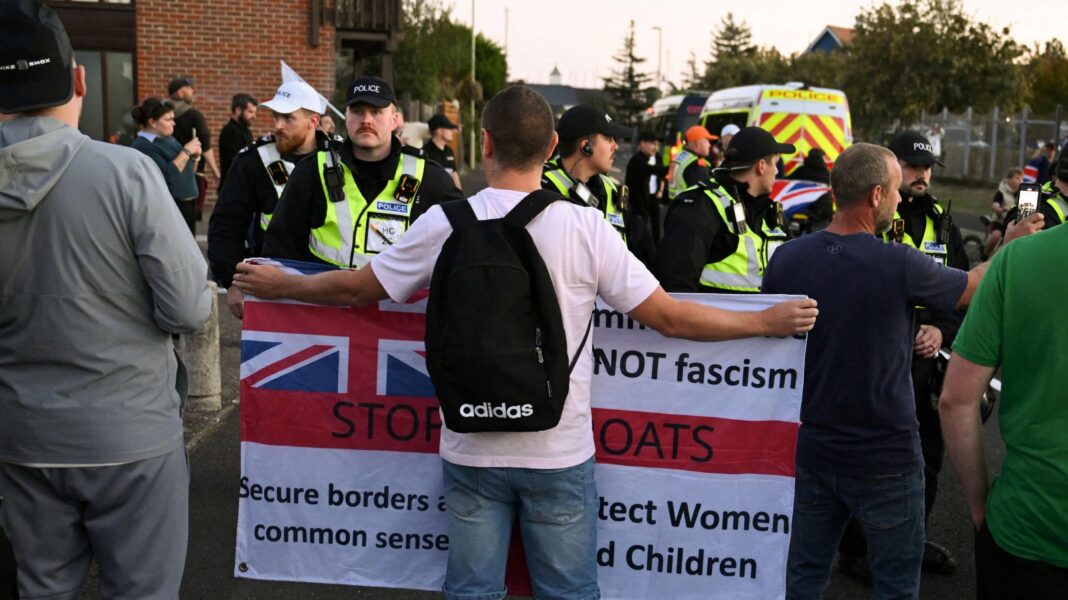 Migrants taken to Dover after more than 30 hours at sea Protesters in Gosport, Hampshire