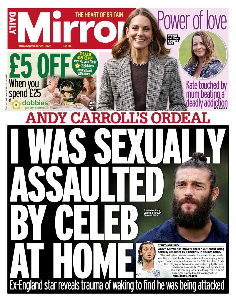 The headline on the front page of the Daily Mirror reads: “I was sexually assaulted by celeb at home”.