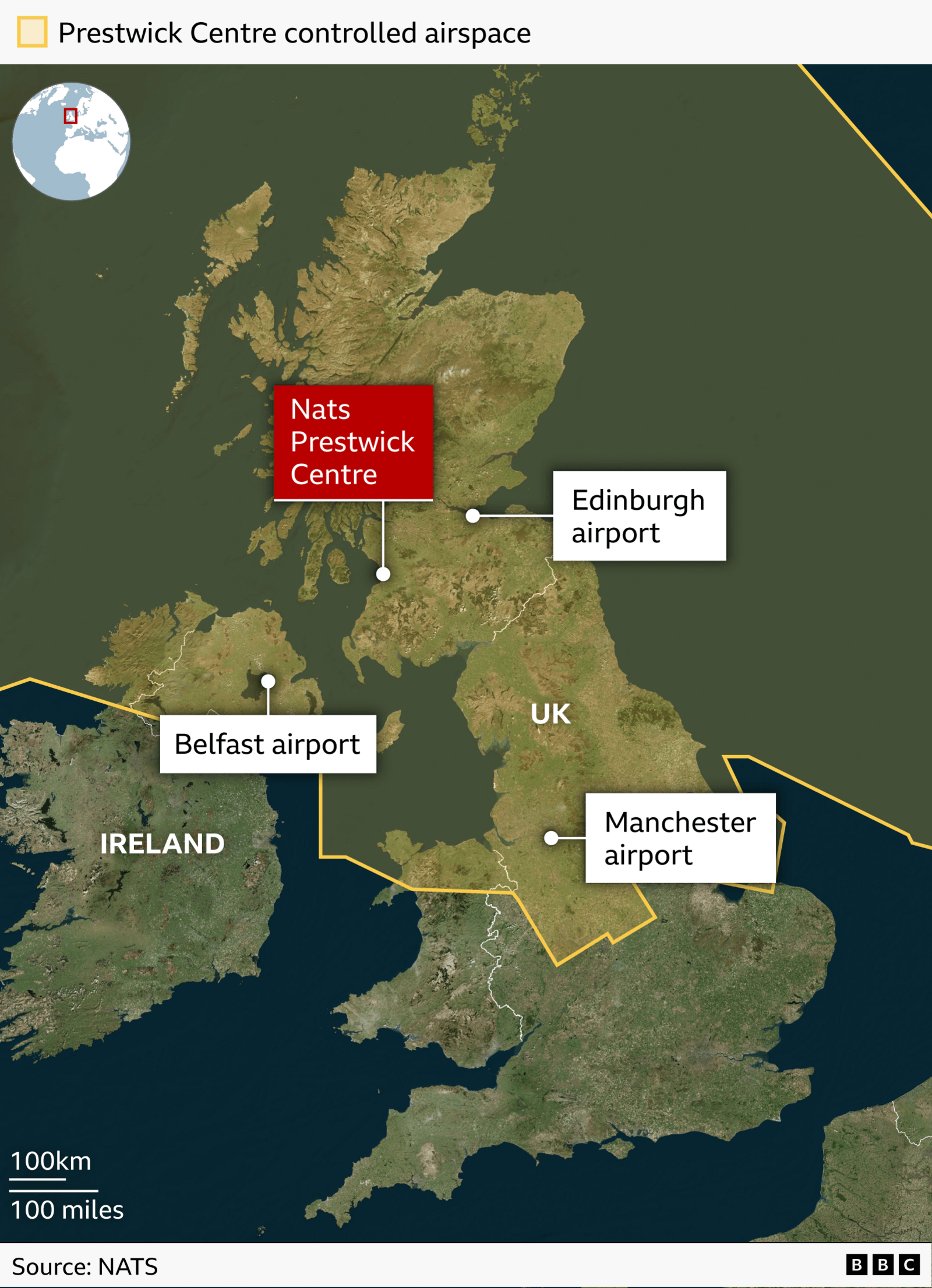 A map showing the location of Nats Prestwick Centre. Also marked on the map are Edinburgh, Belfast and Manchester airports.