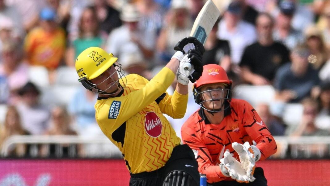 Aneurin Donald hitting the ball for Trent Rockets