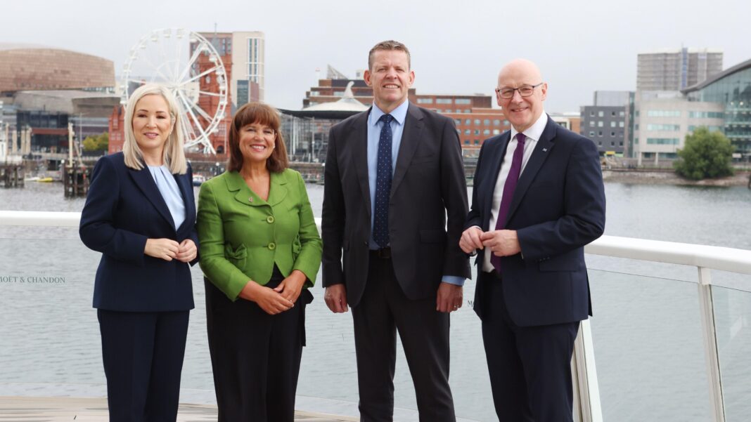Russian foreign minister questions ‘what will become of UK’ and future of ‘the Celts’ First Minister of Northern Ireland, Michelle O'Neill, Sinn Fein President and leader of the opposition in the Irish Dáil, Mary Lou McDonald, First Minister of Wales, Rhun ap Iorwerth and First Minister of Scotland, John Swinney pose for a photo in Cardiff.