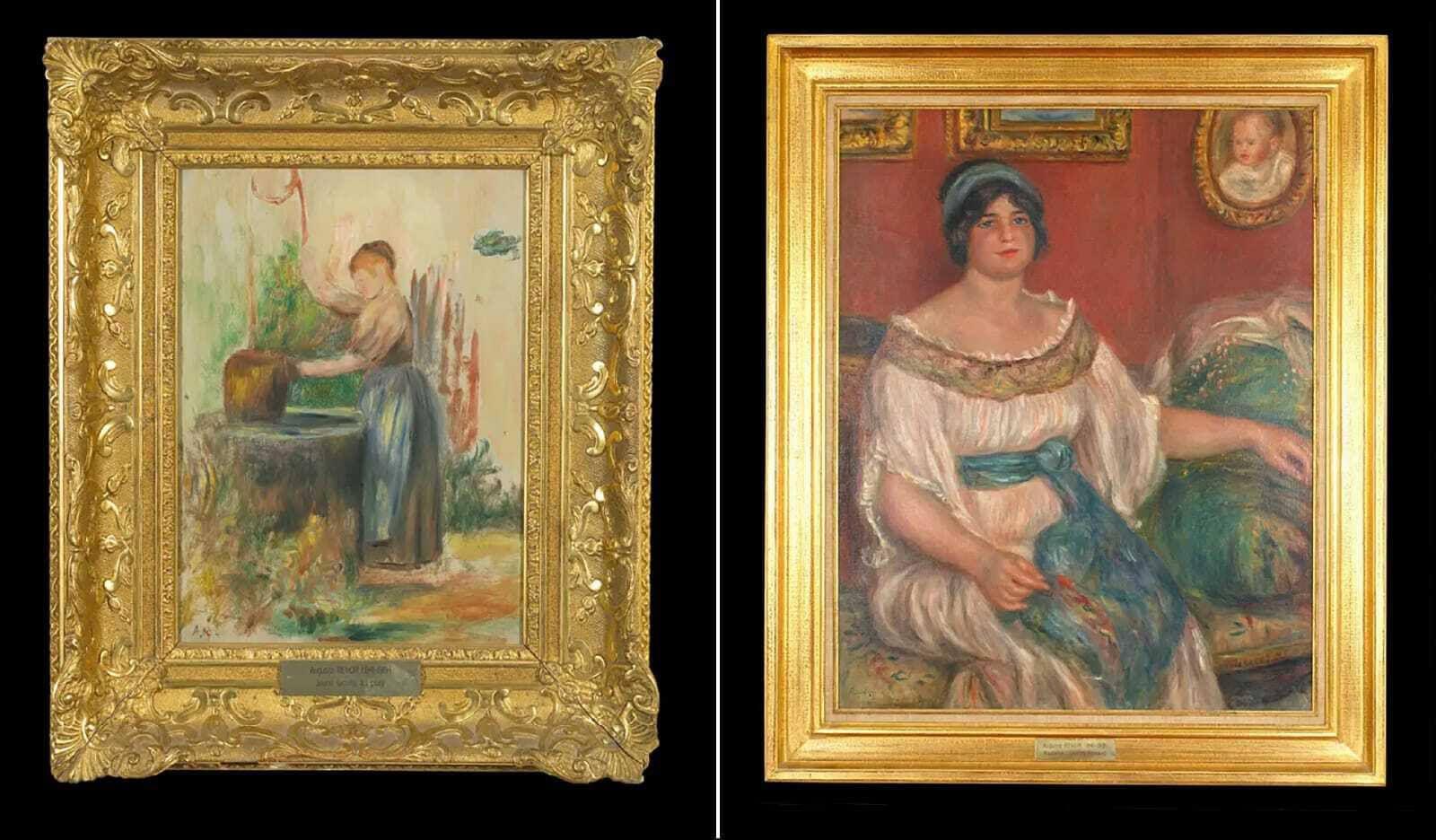 A composite image of the two paintings which are in gold frames.