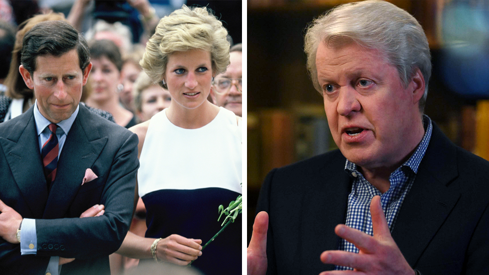 A composite image shows on the left Charles wearing a dark suit, blue shirt and red and blue tie, and Diana next to him wearing a white and navy block dress colour and holding a single flower. On the right is Earl Spencer wearing a black suit jacket and chequered open-necked shirt and gesturing with his hands as he speaks to camera.