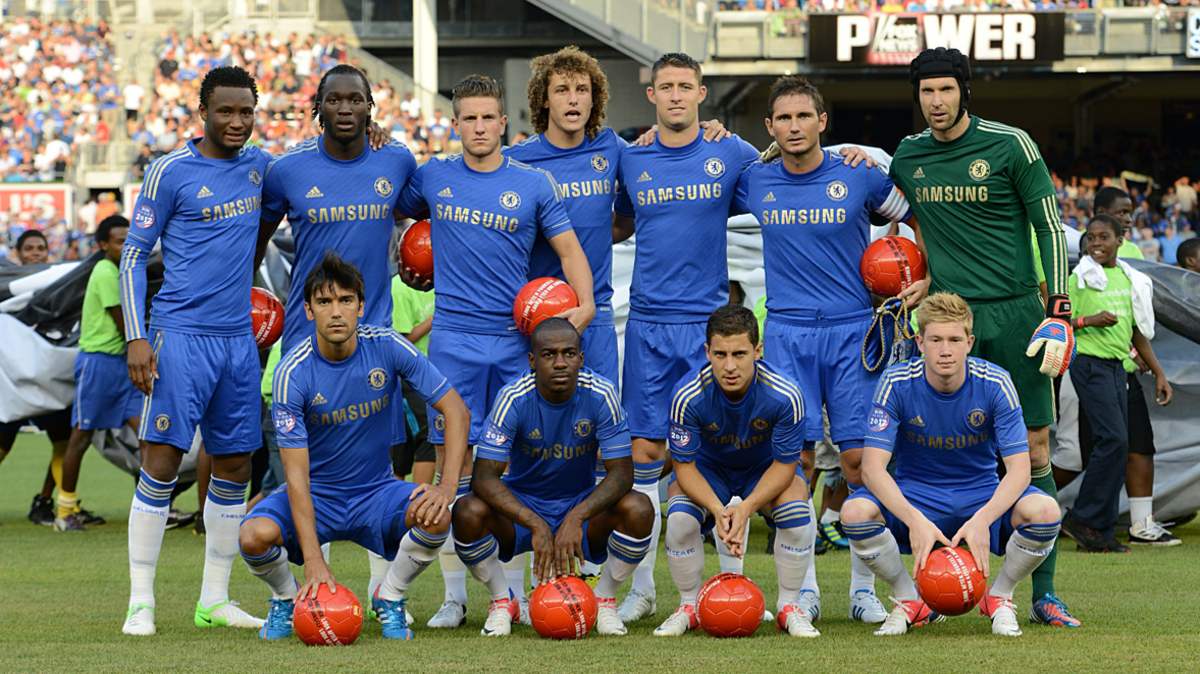 Sam Hutchinson (back row, third from left) lines up for Chelsea before a friendly against Paris St-Germain in New York in July 2012 - two months after the Blues won the Champions League