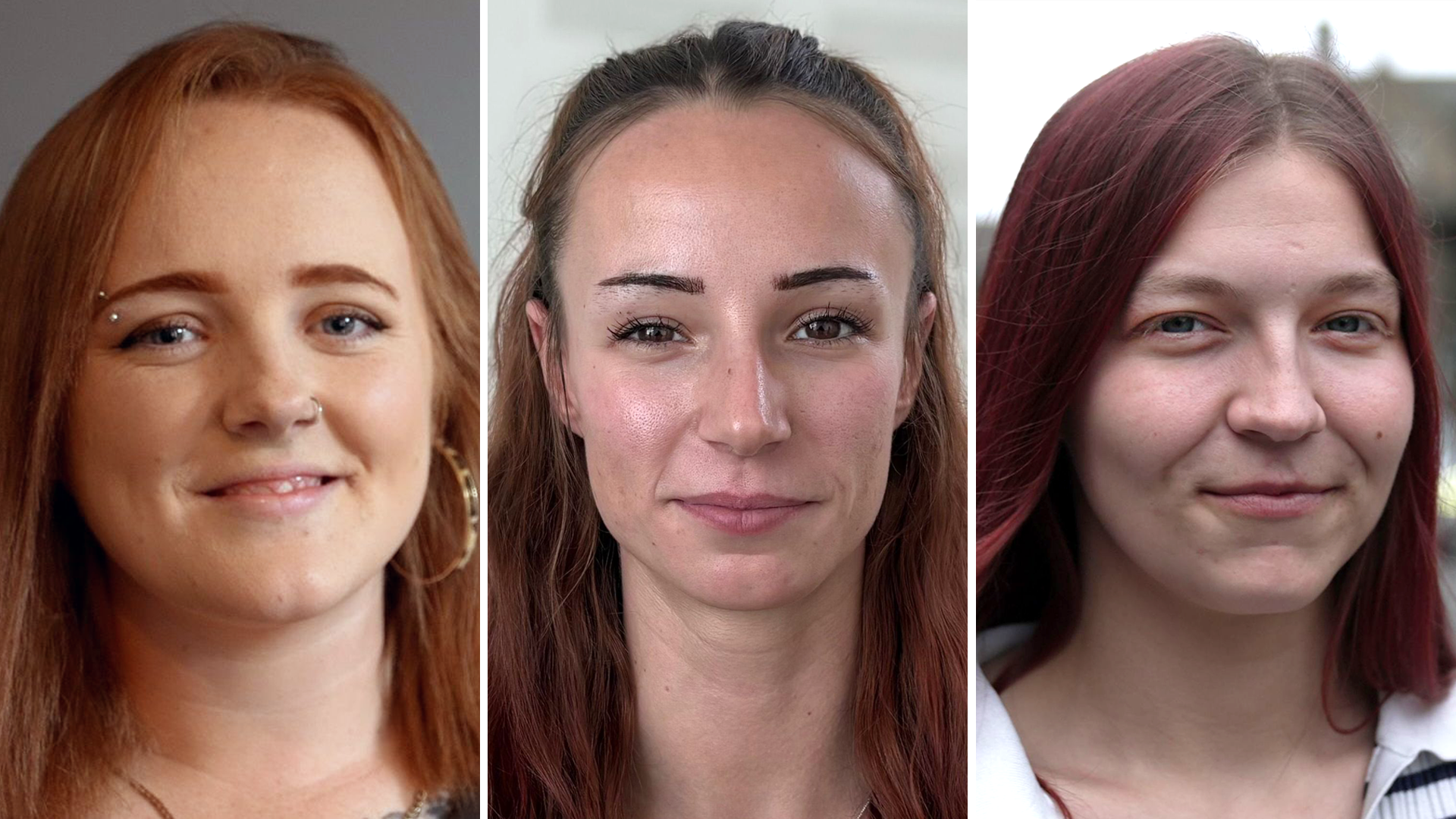 A three-way split pic showing headshots of three young women looking straight at the camera.