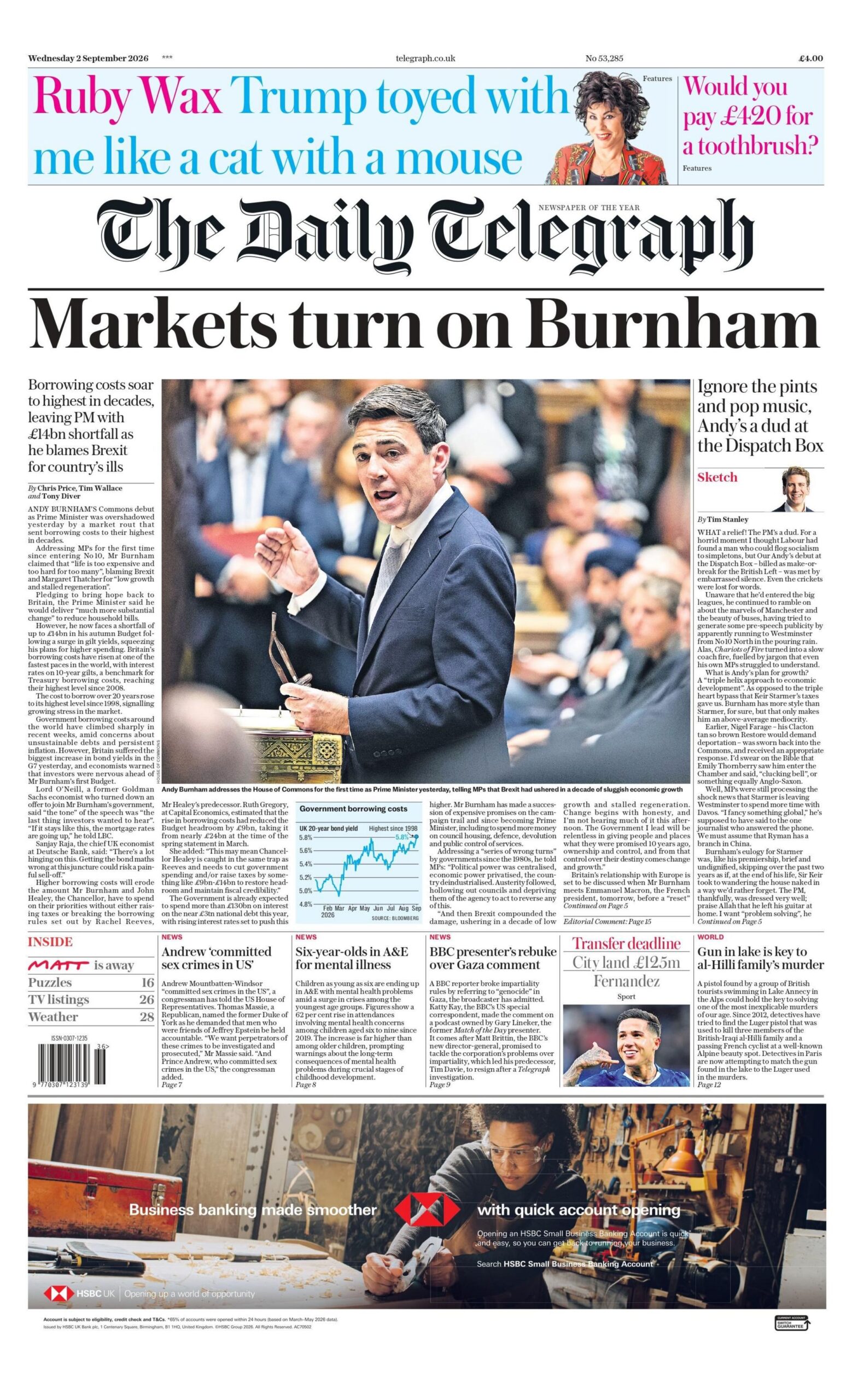 "Markets turn on Burnham," reads the headline on the front page of the Daily Telegraph.