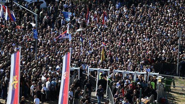 Mourners queue as they arrive to take part in a public memorial on the day of the funeral ceremony for late Bosnian Serb military leader Ratko Mladic at St Lukas church in Belgrade, on September 7, 2026.