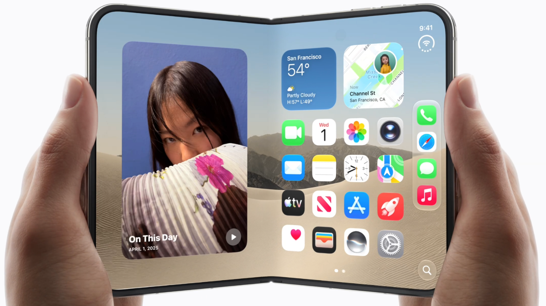 An image of the new foldable iPhone Duo in a woman's hands, being opened like a book.