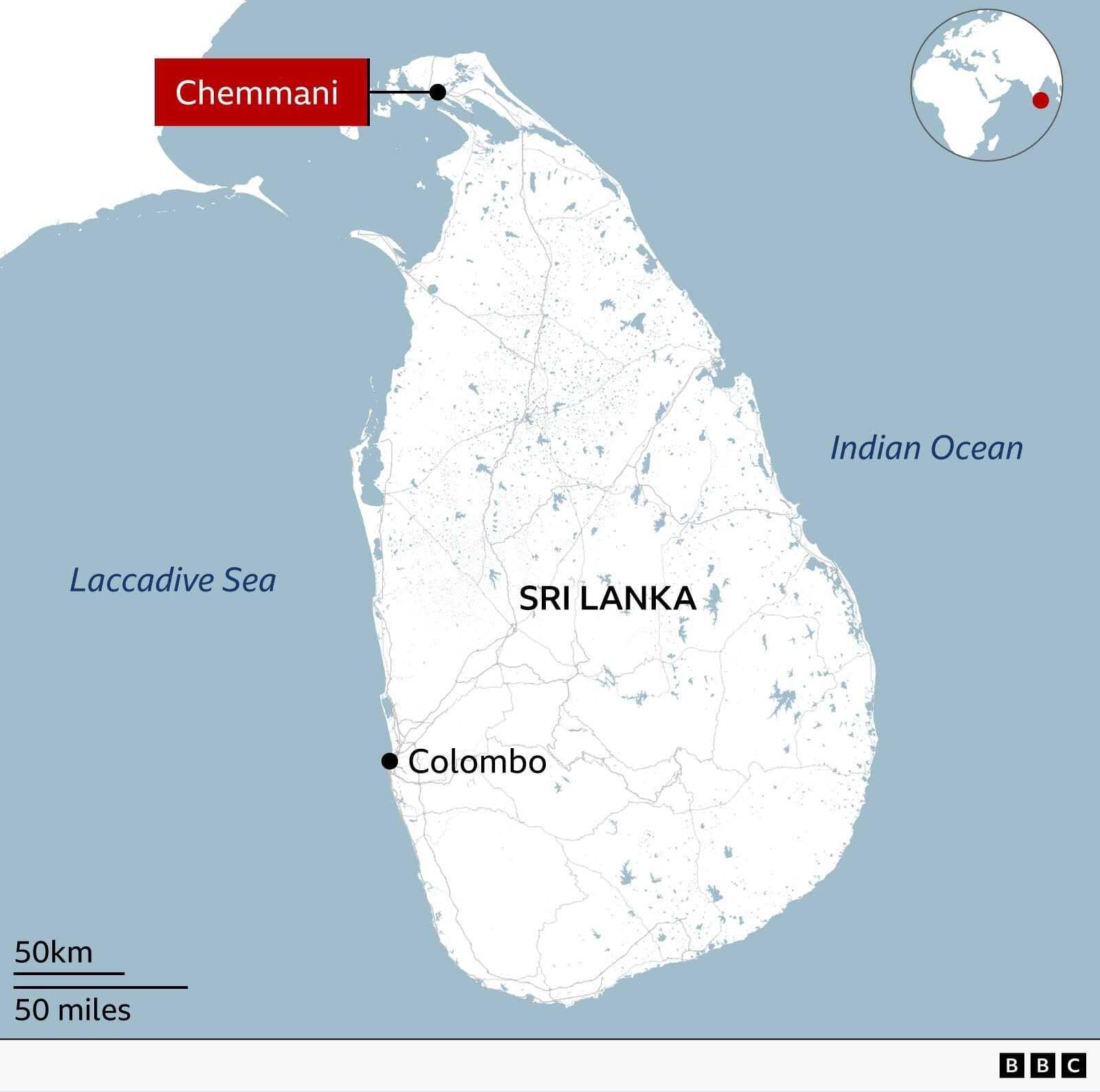 Map of Sri Lanka showing location of Chemmani in the far north of the country.