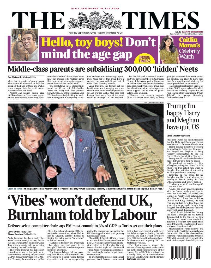 The headline on the front page of the Times reads: “'Vibes' won't defend UK, Burnham told by Labour”.