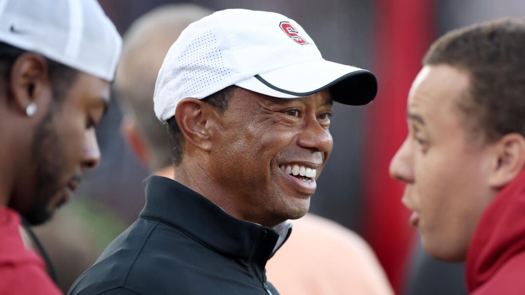 Professional golfer and Stanford Cardinal alumni Tiger Woods stands on the sidelines during the first half of the Stanford Cardinal game against the Miami Hurricanes at Stanford Stadium