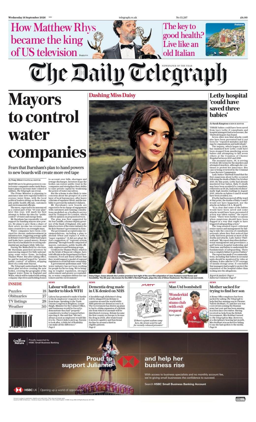 The headline on the front page of the Daily Telegraph reads: 'Mayor to control water companies.'