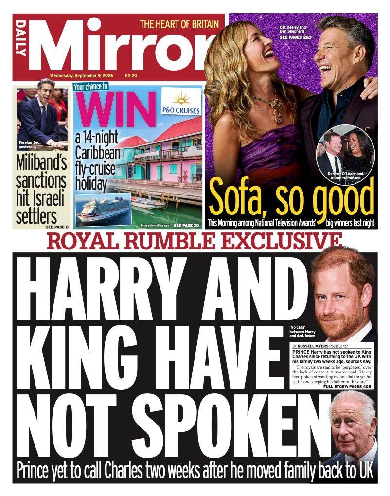 "Harry and King have not spoken" reads the headline on the front page of the Daily Mirror.