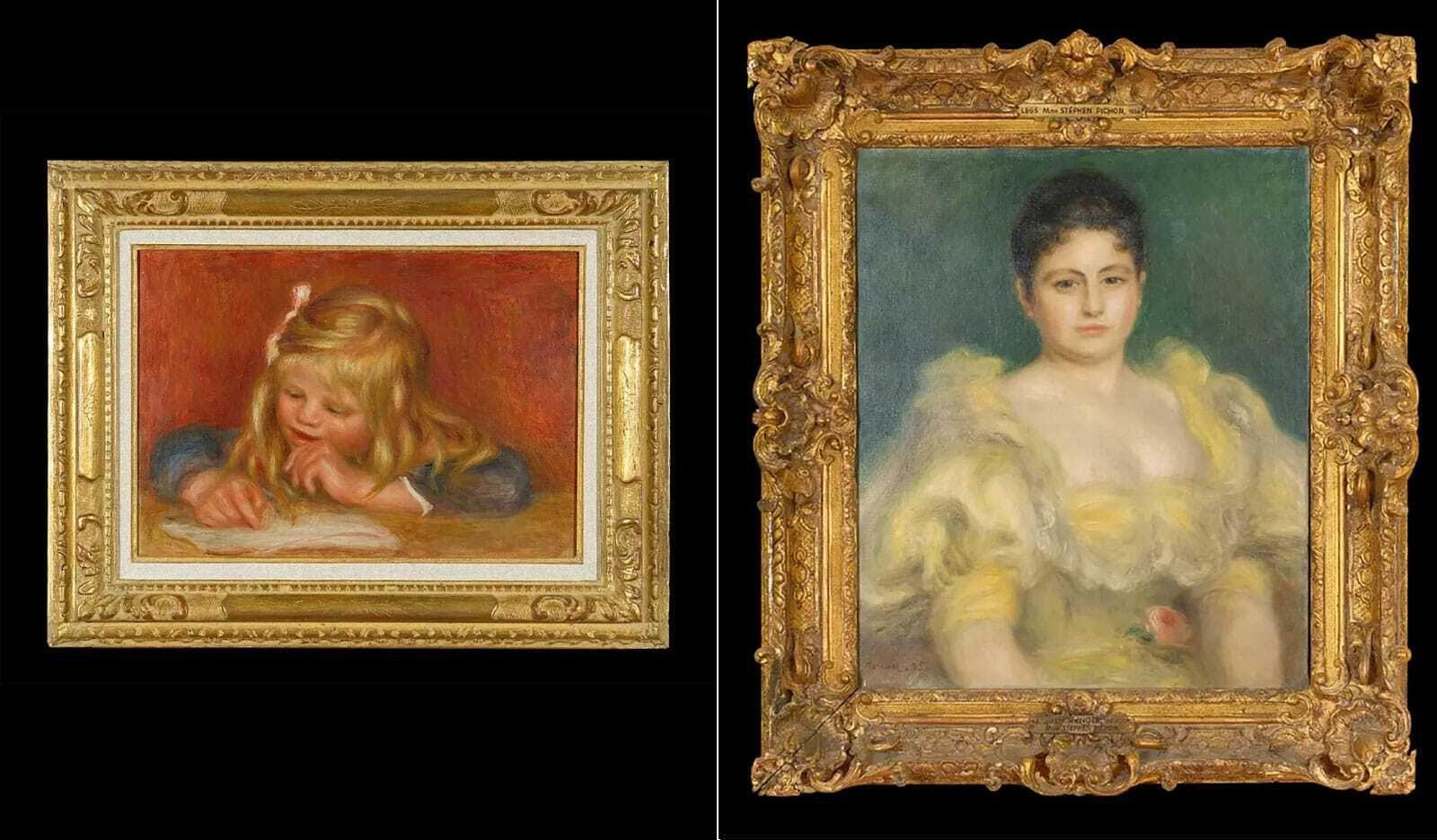 A composite image of the two paintings which are in gold frames.
