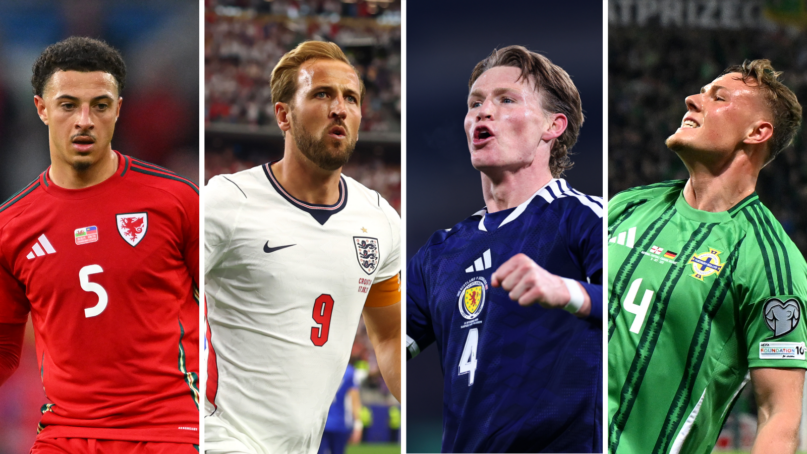 Split screen image of Ethan Ampadu of Wales, Harry Kane of England, Scott McTominay of Scotland and Dan Ballard of Northern Ireland