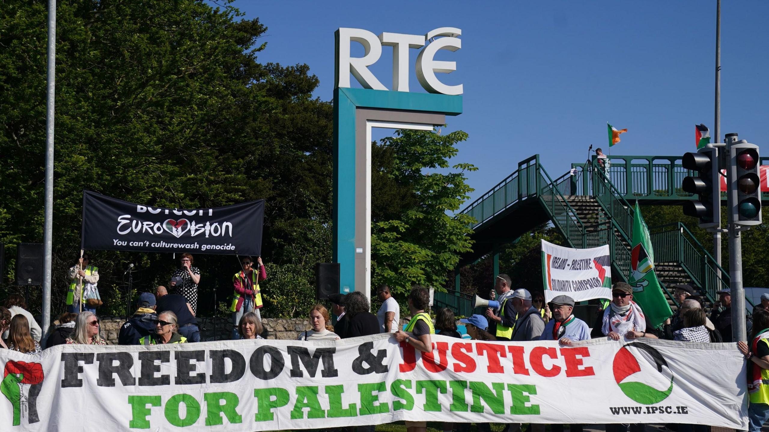 People attend a pro-Palestine protest outside the RTE in Dublin, calling for a boycott of the Eurovision Song Contest.