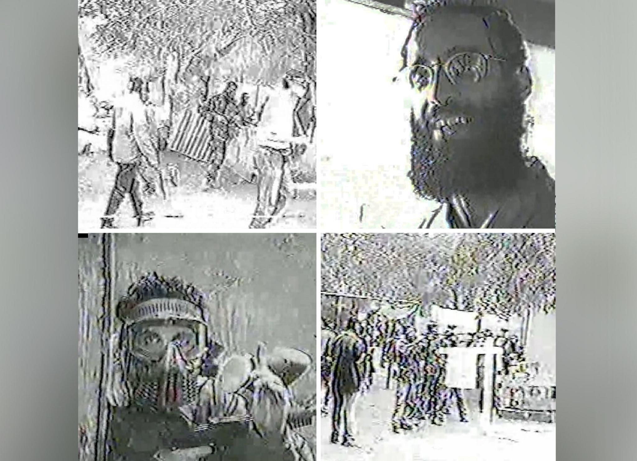 Four square images in a composite - grainy and poor quality - of a paintballing session. There are two images (top left and bottom right) of groups of men. The top right and bottom left images are faces of men. The man in the bottom left has a mask on.