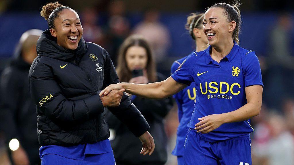 Lauren James and Katie McCabe celebrating at full-time