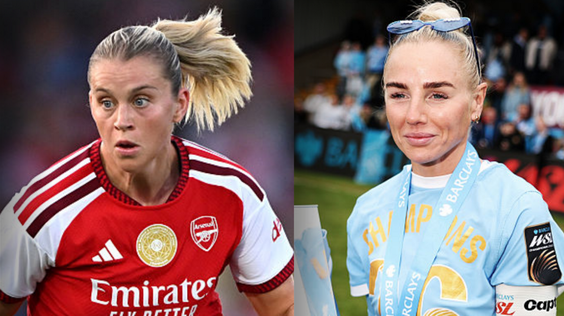 A split image of Arsenal's Alessia Russo (left) and Manchester City's Alex Greenwood (right)