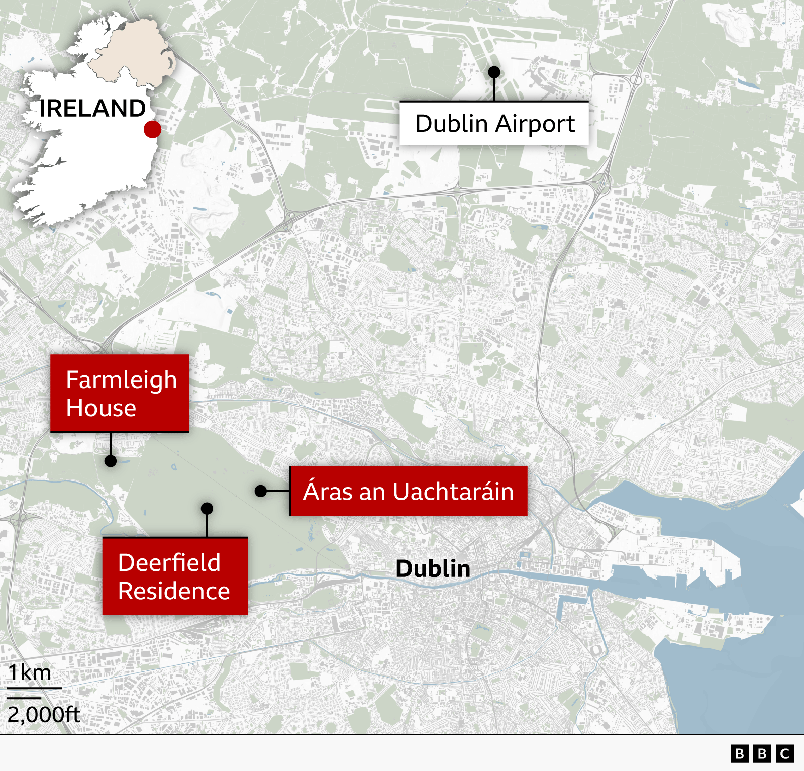 A map of an area in Dublin. It features Farmleigh Hosue, Deerflied Residence and Áras an Uachtaráin.
