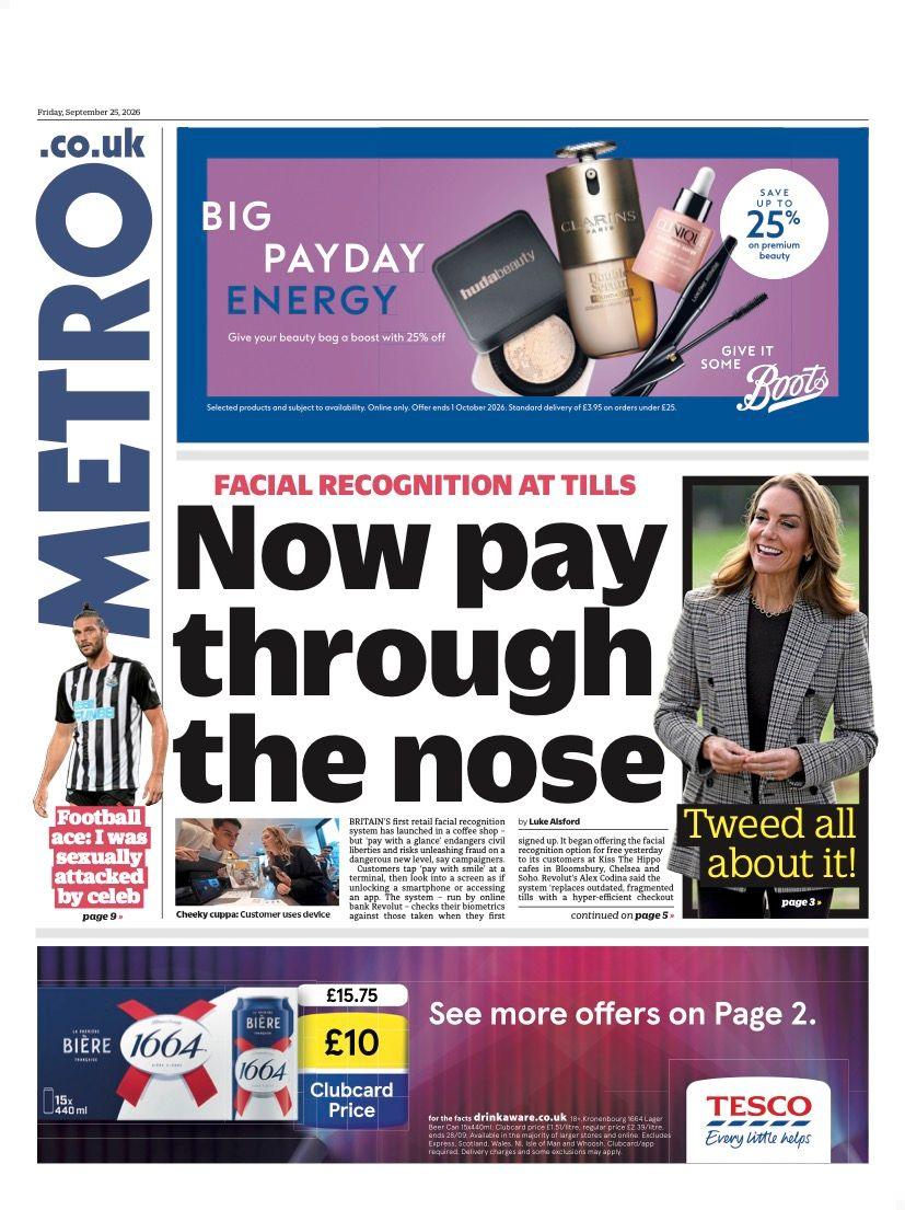 The headline on the front page of the Metro reads: “Now pay through the nose”.