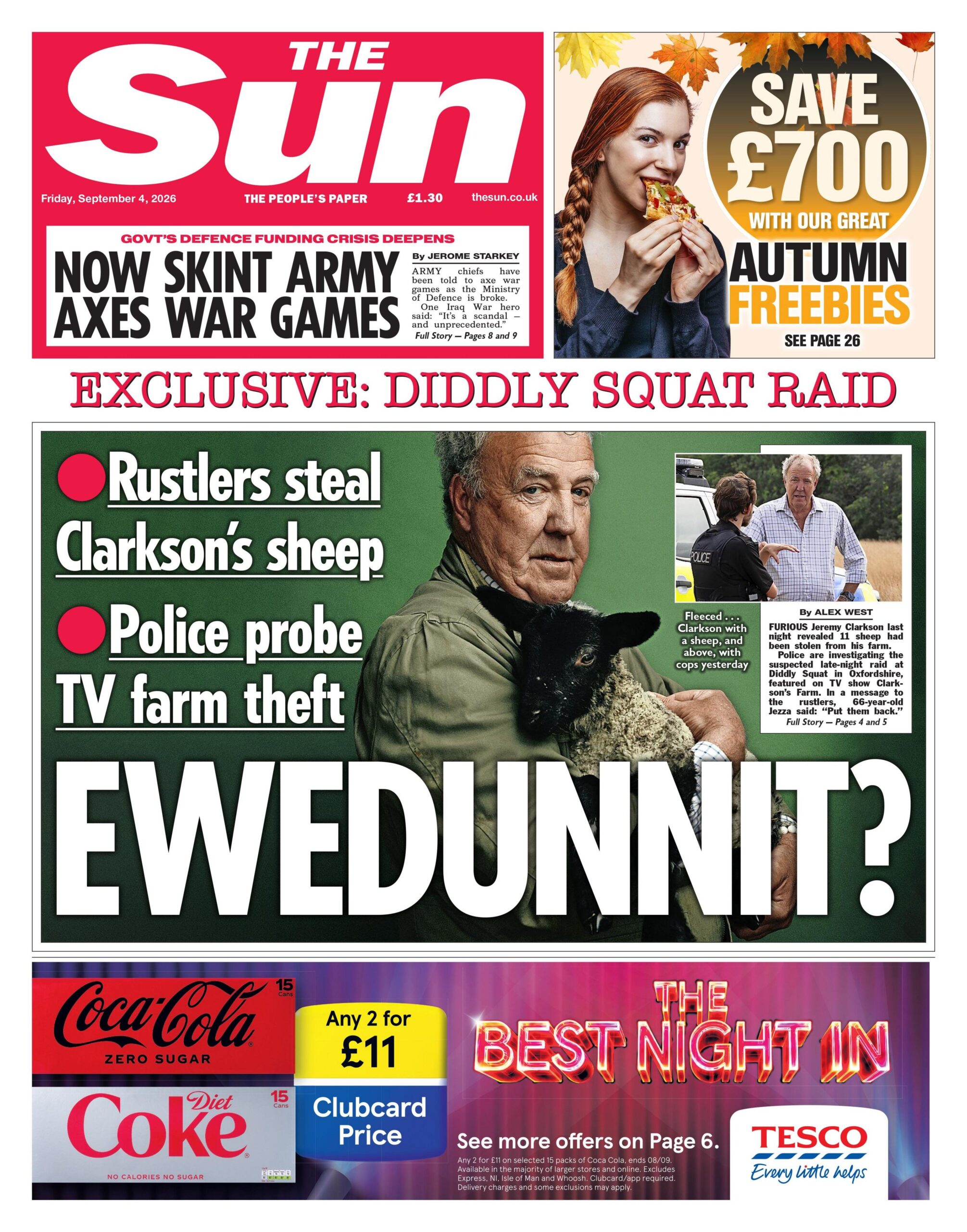 "Exclusive: Diddly squat riad, EWEDUNNIT?" reads the headline on the front page of the Sun.