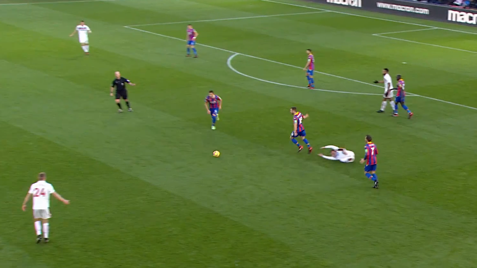 Mike Dean does not given a free-kick when Stoke City's Xherdan Shaqiri goes down