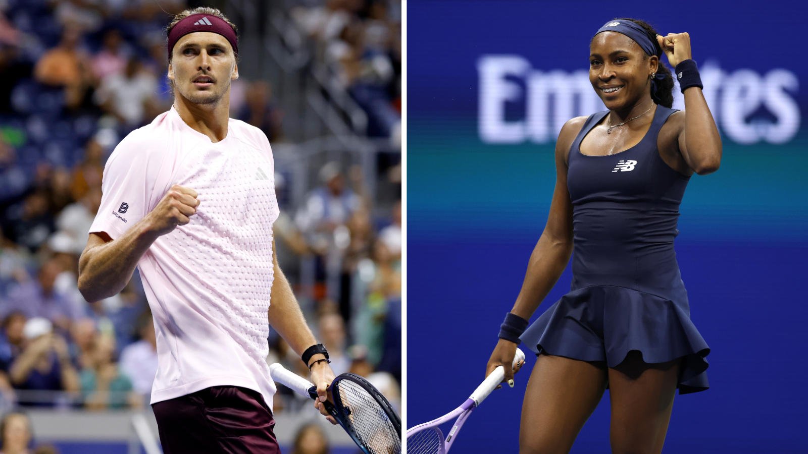 Split screen image of Alexander Zverev and Coco Gauff holding tennis racquets and clenching fist in celebration at the US Open