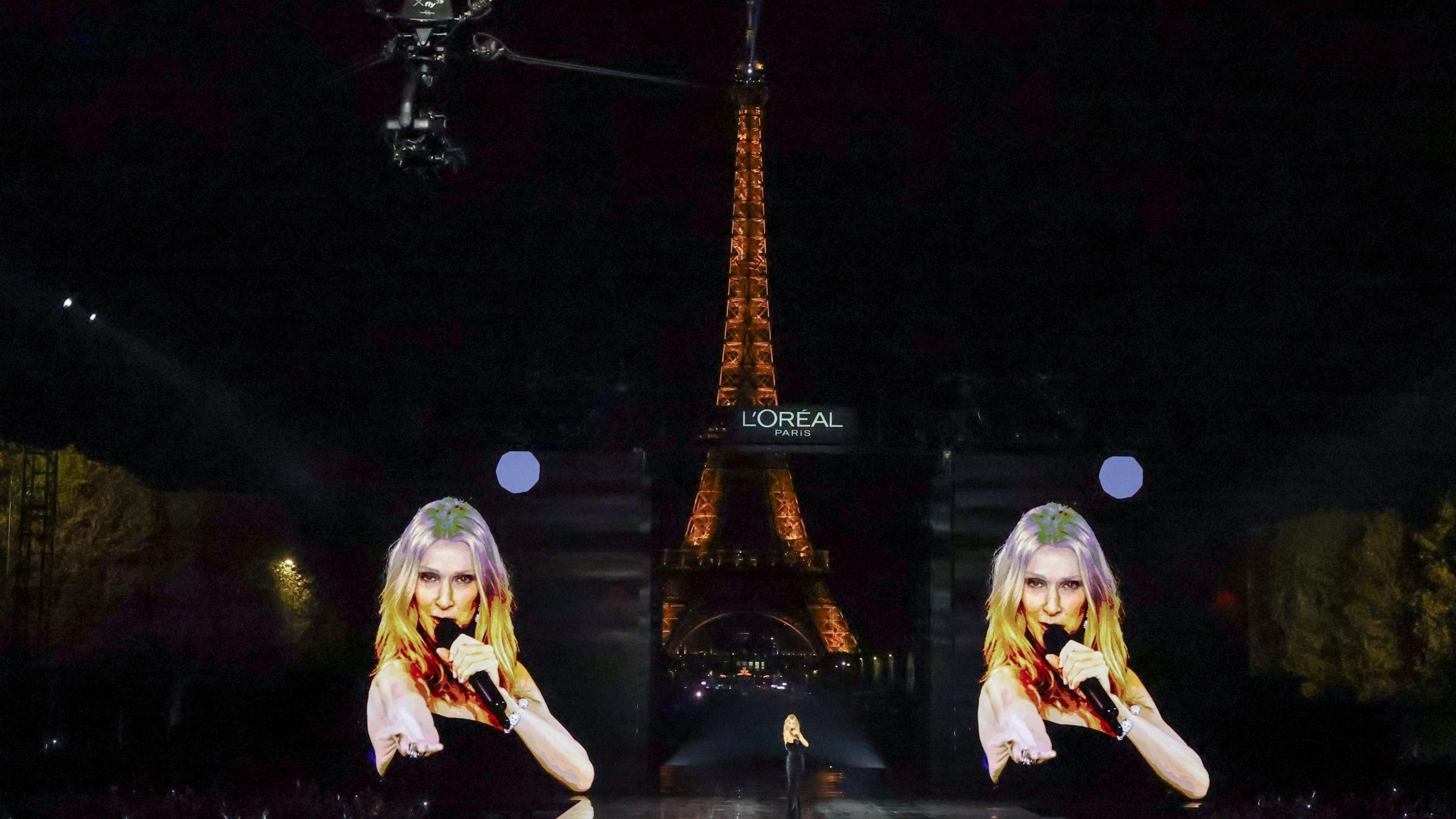 Celine Dion belted out her 2002 hit on the L'Oreal catwalk in front of the Eiffel Tower