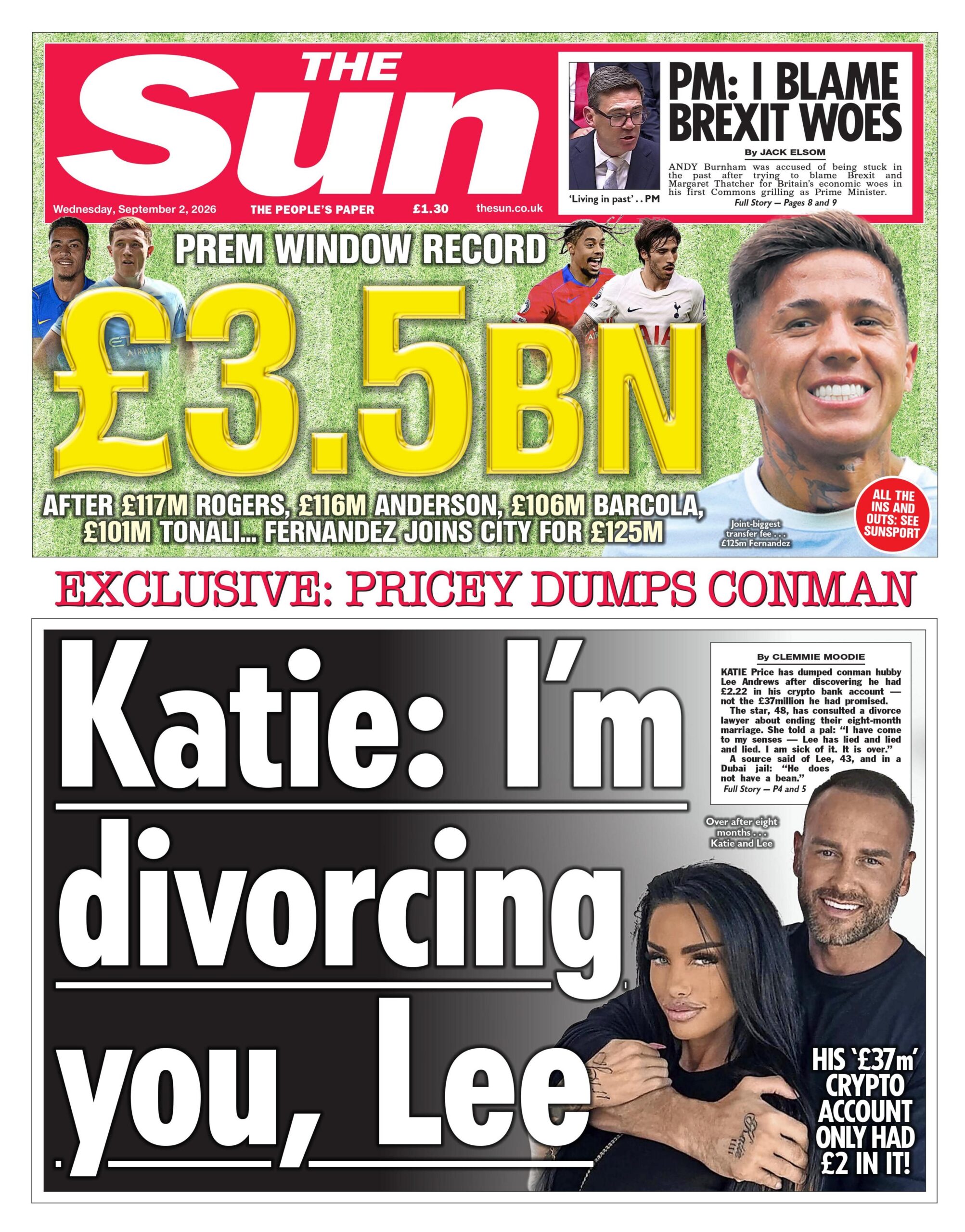 "Katie: I'm divorcing you, Lee," reads the headline on the front page of the Sun.
