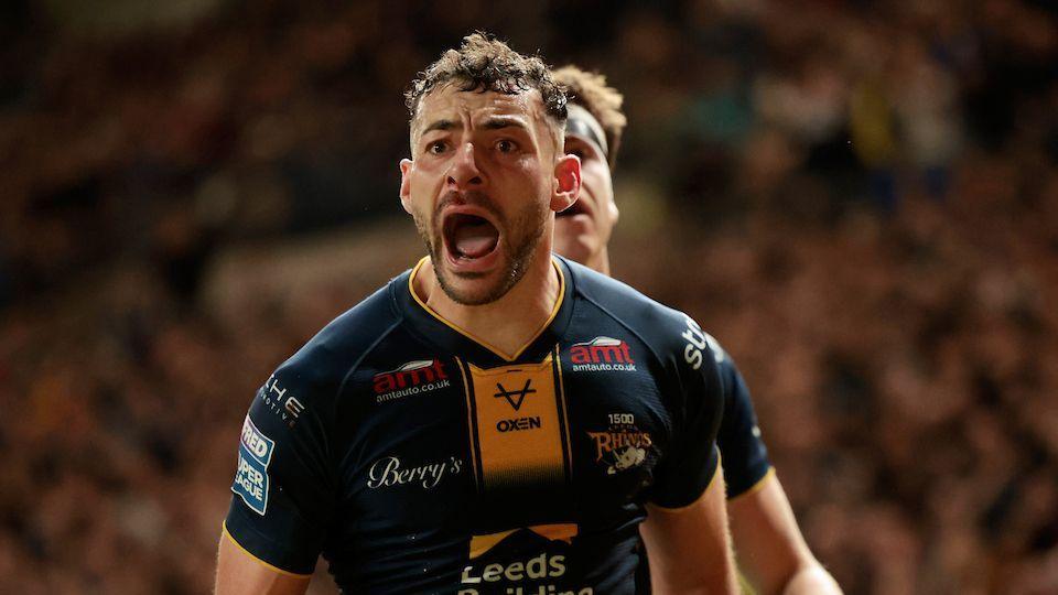 Leeds Rhinos half-back Jake Connor celebrating scoring with his mouth open