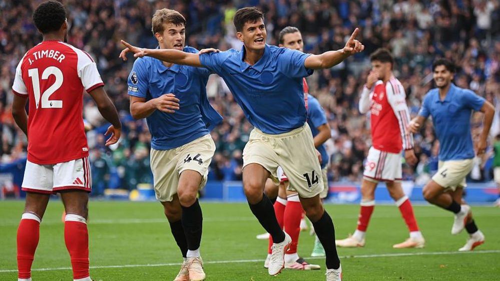 Brighton celebrate goal against Arsenal