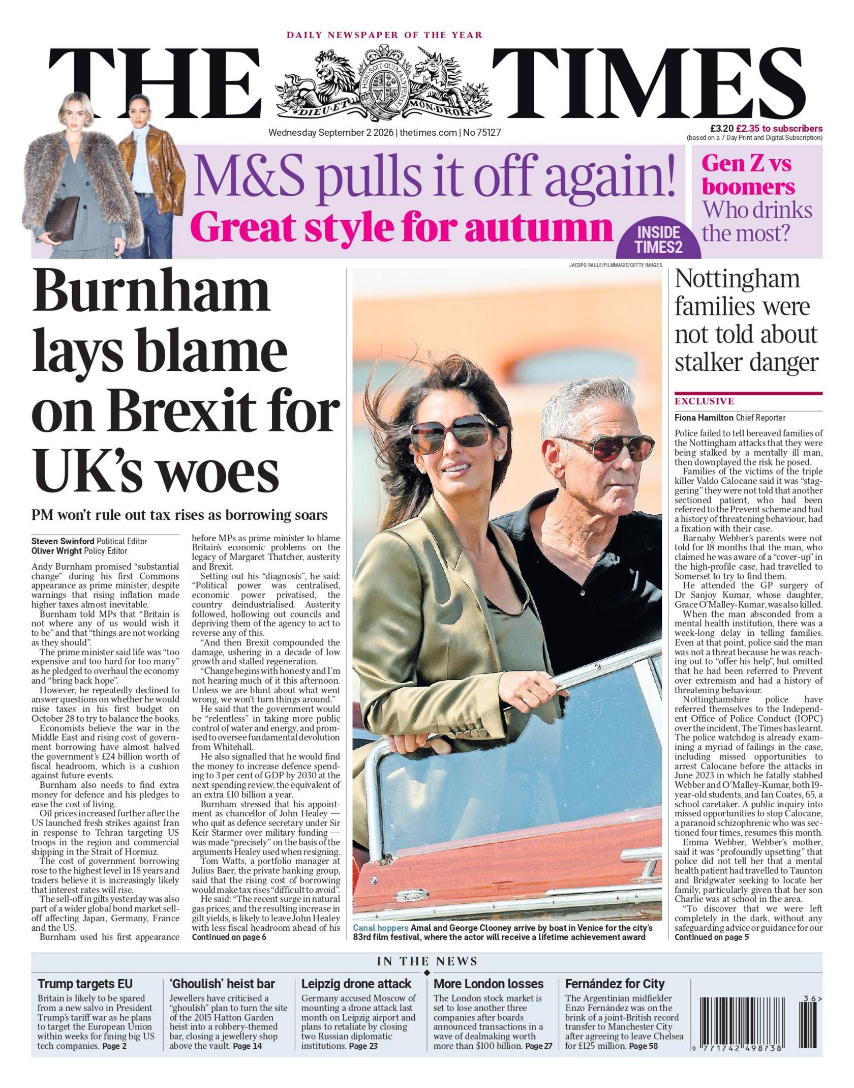 "Burnham lays blame on Brexit for UK's woes," reads the headline on the front page of the Times.