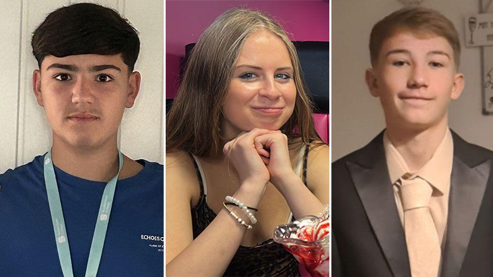 A composite image of the three teenagers. Luke Etheridge is on the left and is looking into the camera with a straight face. He has dark, short hair which is longer on the top compared to the sides. He is wearing a blue t-shirt and lighter blue lanyard. Zara Shaw is in the middle smiling into the camera with her chin resting on her clasped hands. She has long brown hair and is wearing a black vest with a pearl bracelet on her wrist. Jackson Duke is on the right and has light brown short hair. He is smiling to the side. He is wearing a black suit jacket and beige shirt and tie.