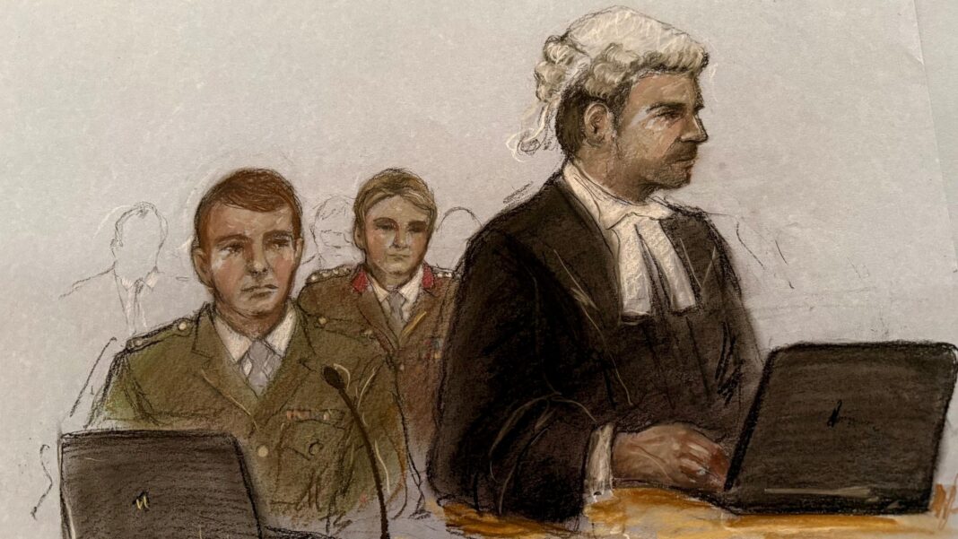 Court drawing of Mr Hartley (right), representing Major James Hook (left) who is appearing with Colonel Samantha Shepherd (centre) at the Military Court Centre in Catterick Garrison, North Yorkshire. Hook and Shepherd are dressed in khaki green Army uniforms.