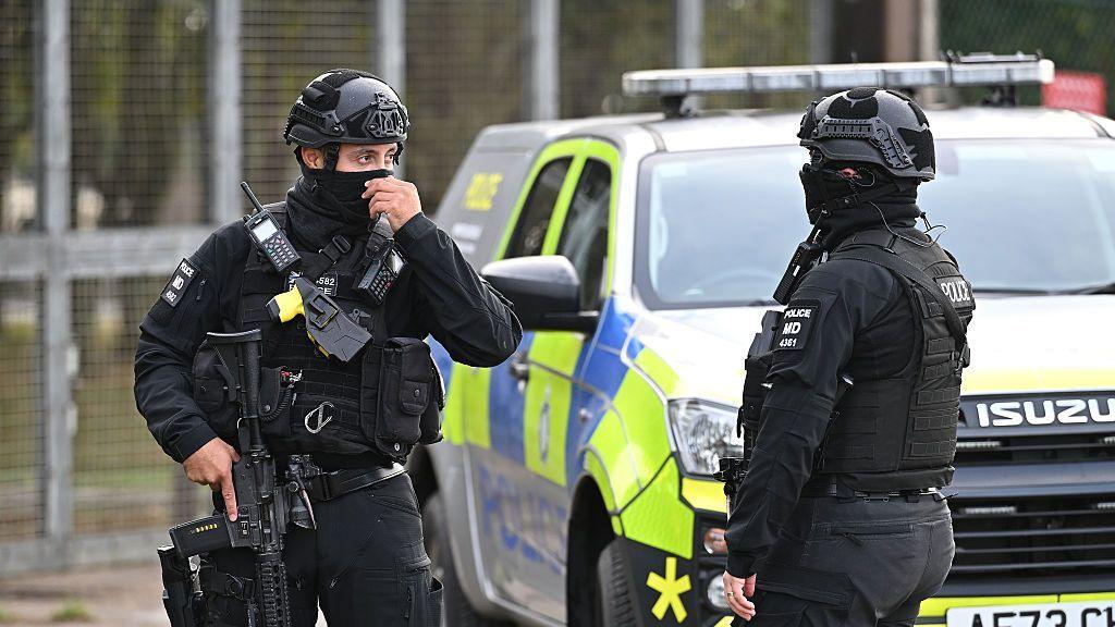 Armed police maintain road blocks and security checks around RAF Fairford on September 28, 2026 in Fairford, England.