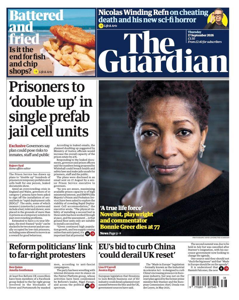 The headline on the front page of the Guardian reads: 'Prisoners to "double up" in single prefab jail cell units.'