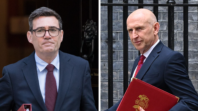 A split composite picture of Andy Burnham and John Healey, both in Downing Street carrying red folders.