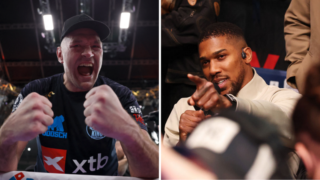 We want Fury v Joshua at Wembley – London mayor Split image of Tyson Fury celebrating and Anthony Joshua pointing from ringside