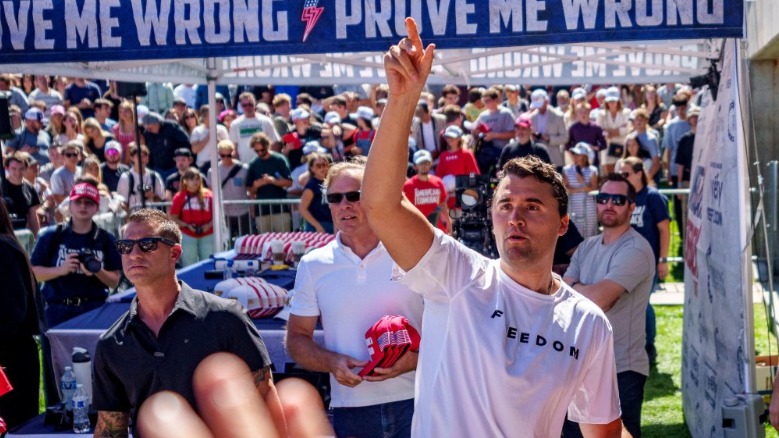 US right-wing activist and commentator Charlie Kirk throws hats to the crowd shortly before he was shot at a Utah Valley University speaking event in Orem, Utah, 10 September 2026