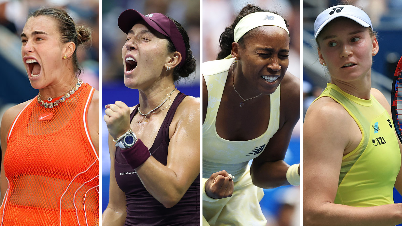 Split image of Aryna Sabalenka, Jessica Pegula, Coco Gauff, Elena Rybakina