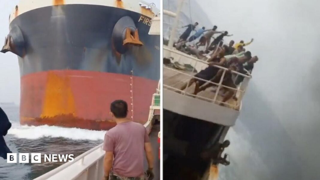 Watch: Dramatic moment a cargo ship crashes into another vessel image