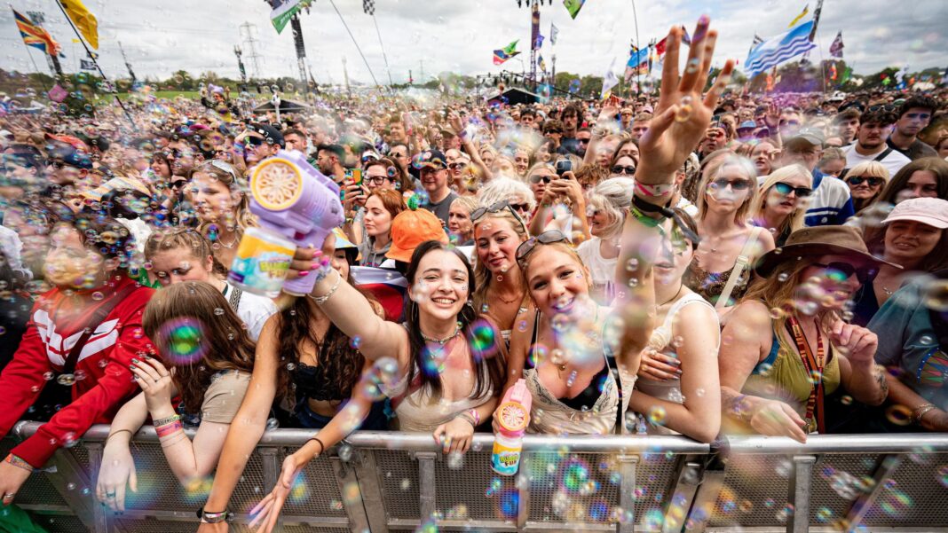 First Glastonbury 2027 tickets to go on sale Music fans blow bubbles as they watch festival acts on the pyramid stage at Glastonbury Festival at Worthy Farm in Somerset