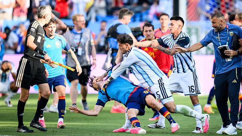 Leandro Paredes was involved in a fracas after Argentina were beaten 1-0 by Spain in the 2026 World Cup final