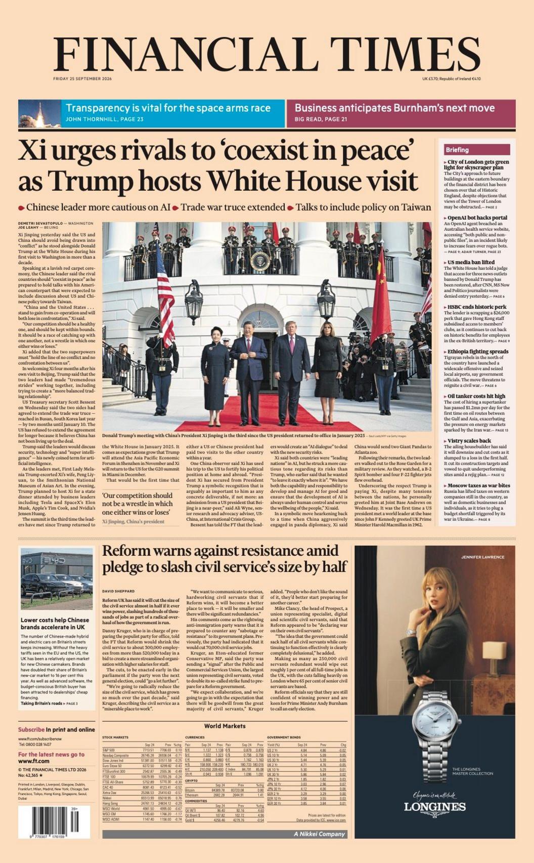 The headline on the front page of the Financial Times reads: “Xi urges rivals to 'coexist in peace' as Trump hosts White House visit”.