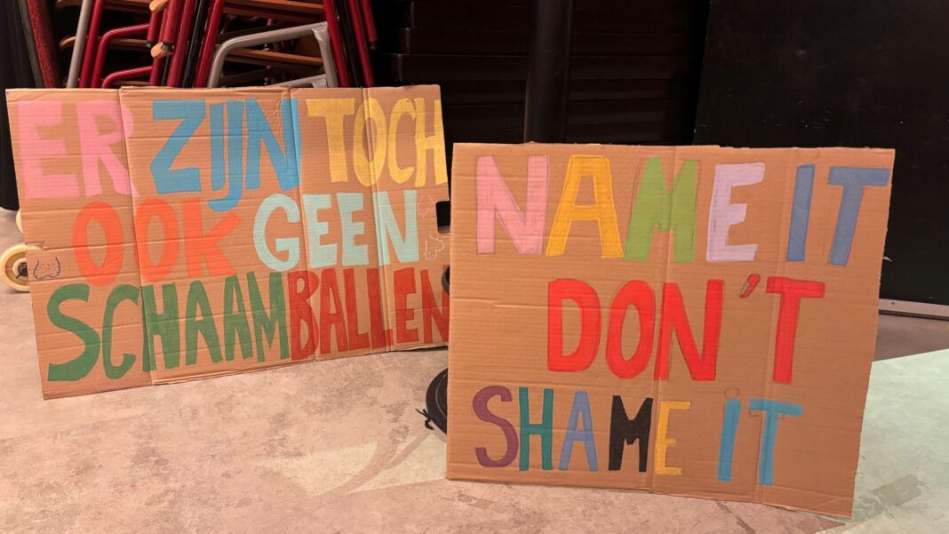 ‘Make women feel seen’: Why the Dutch have a new word for labia A photo of two pieces of cardboard with large writing in multiple colours. One is in Dutch and translates as "afterall there are no shame balls" and the other says "name it don't shame it".